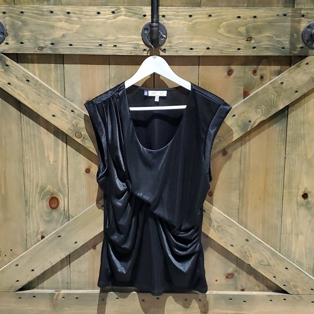 WOMENS BLACK SHIMMER DRESSY SHORT SLEEVE BLOUSE SIZE XLFITTED DRAPED TOP